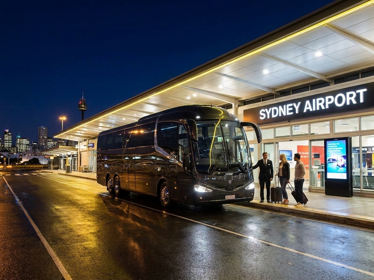 A coach collecting a group with luggage