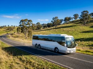 Charter coach bus on a regional New South Wales tour road
